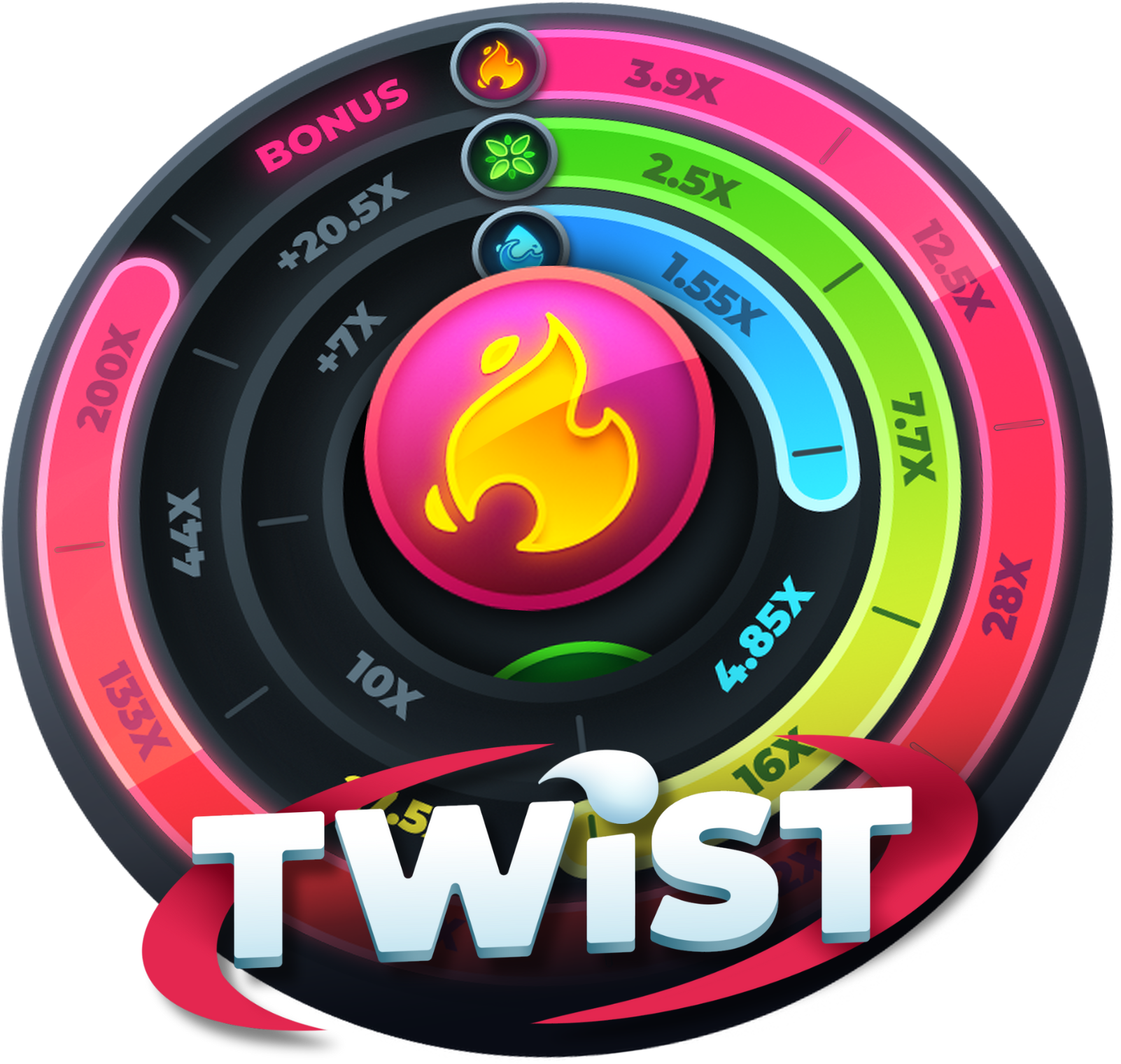 Interface of the Twist slot game showing the multiplier wheel, bonus rounds, and betting options